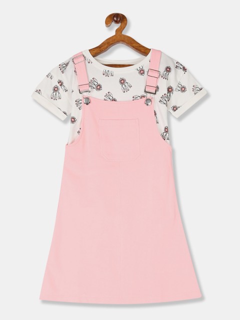 

Cherokee Girls Pink & Off-White Printed Cotton Dungaree Dress & T-Shirt