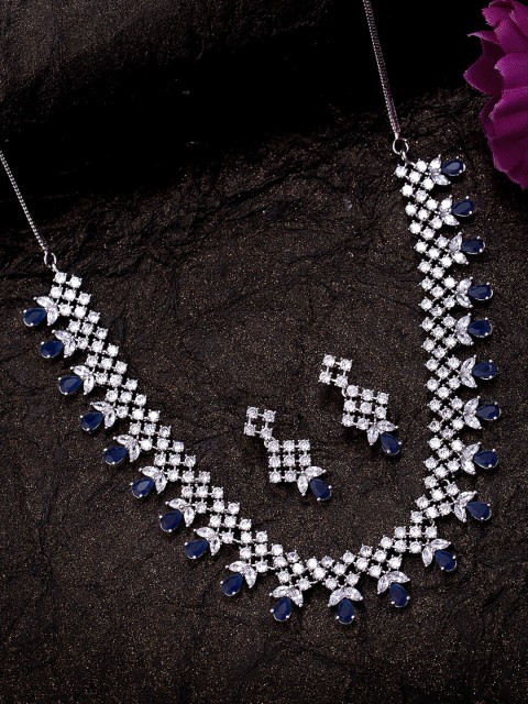 

Voylla Silver-Plated Blue & White CZ-Studded Jewellery Set