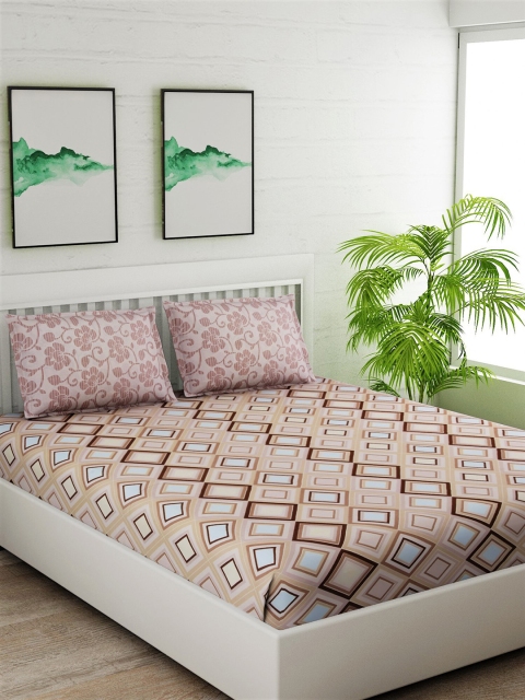 

Salona Bichona Beige & Brown Geometric 144 TC Cotton 1 Queen Bedsheet with 2 Pillow Covers