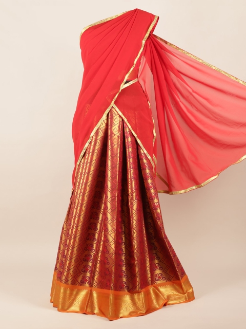 

Pothys Red & Gold-Toned Poly Chiffon Woven Design Half Saree