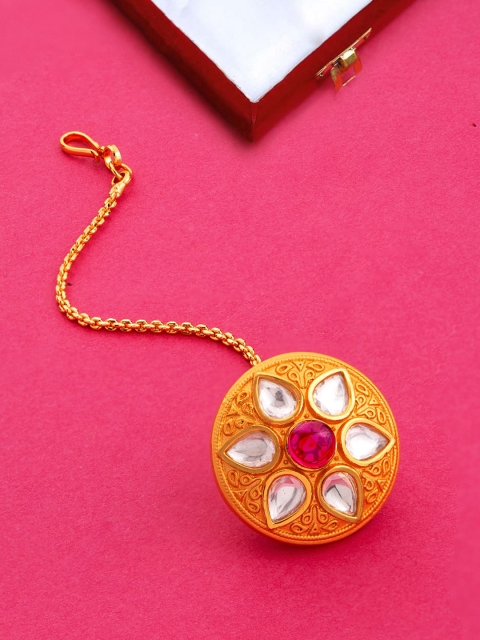 

Voylla Gold-Plated Pink & White Stone-Studded Borla Maang Tikka