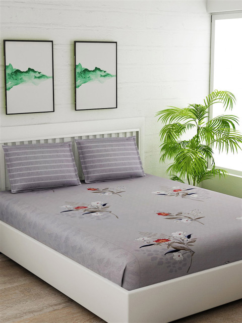 

Salona Bichona Grey & White Floral 144 TC Cotton 1 Queen Bedsheet with 2 Pillow Covers