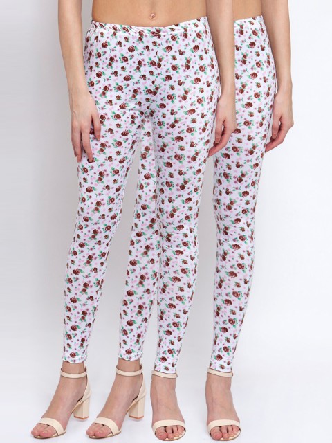 

KLOTTHE Women Pack Of 2 White & Red Floral Printed Ankle-Length Leggings