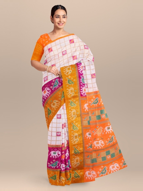 

KLM Fashion Mall White & Orange Linen Blend Checked Saree