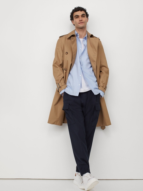 

H&M Men Beige Solid Cotton Twill Trenchcoat