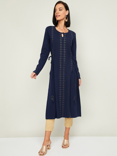 

Melange by Lifestyle Women Navy Blue & Gold-Coloured Printed Straight Kurta
