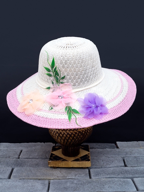 

Golden Peacock Women White & Pink Woven-Design Sun Hat