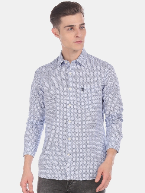 

U.S. Polo Assn. Men White & Blue Regular Fit Printed Casual Shirt
