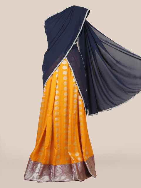 

Pothys Navy Blue & Orange Poly Chiffon Woven Design Lehenga Half Saree