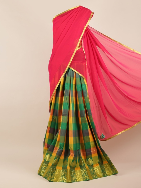 

Pothys Pink & Green Poly Chiffon Checked Half Saree