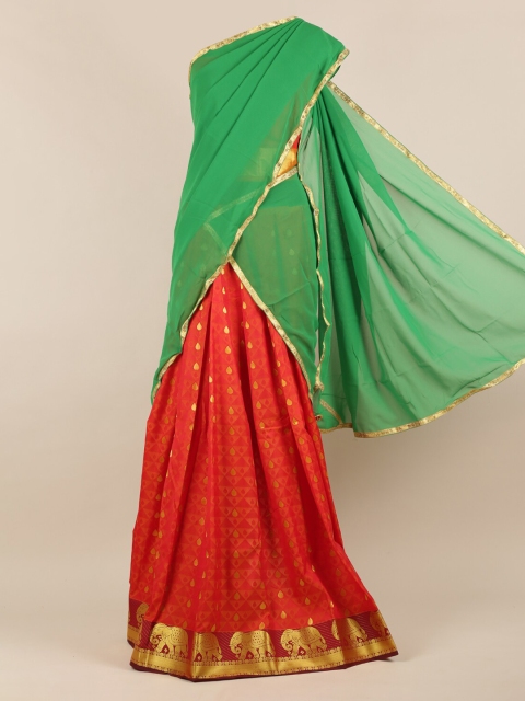 

Pothys Green & Red Poly Chiffon Woven Design Lehenga Half Saree
