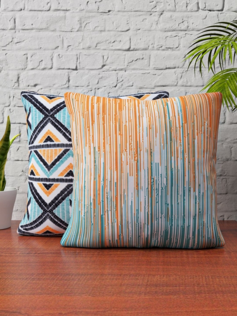 

SHIVANAA HOMES Set of 2 Turquoise Blue & White Geometric Square Cushion Covers
