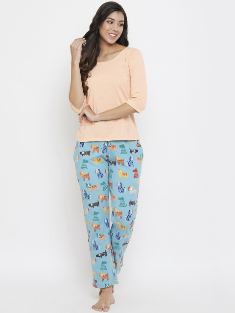 

Clovia Women Blue & Peach Coloured Printed Night Suit