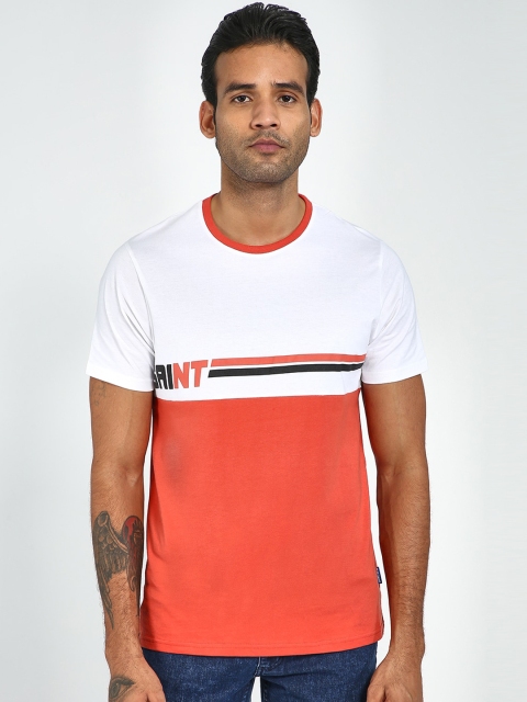 

Blue Saint Men White & Orange Colorblocked Round Neck Tshirt