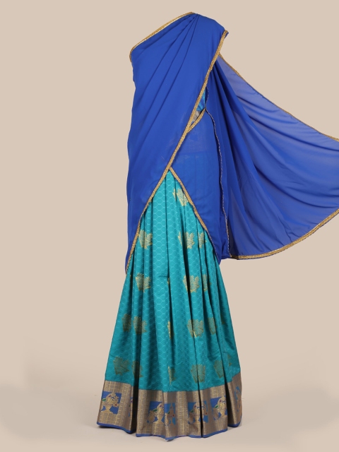 

Pothys Blue & Gold-Toned Poly Chiffon Woven Design Traditional Half Saree