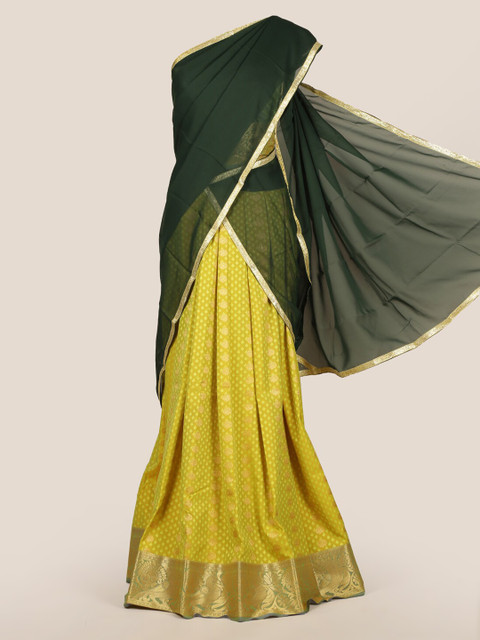 

Pothys Green & Yellow Poly Chiffon Woven Design Lehenga Half Saree