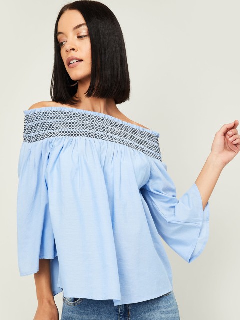 

Fame Forever by Lifestyle Blue Embroidered Off-Shoulder Flared Sleeves Pure Cotton Top