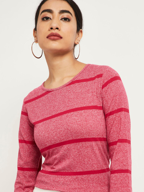 

max Women Pink Striped Round Neck T-shirt