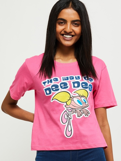 

max Women Pink Printed Round Neck T-shirt