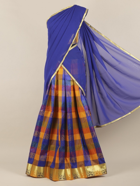 

Pothys Navy Blue & Mustard Poly Chiffon Checked Half Saree
