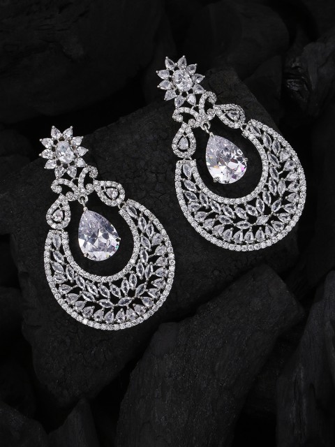 

Adwitiya Collection Silver-Toned & Off-White Rhodium Plated CZ Crescent Shaped Chandbalis
