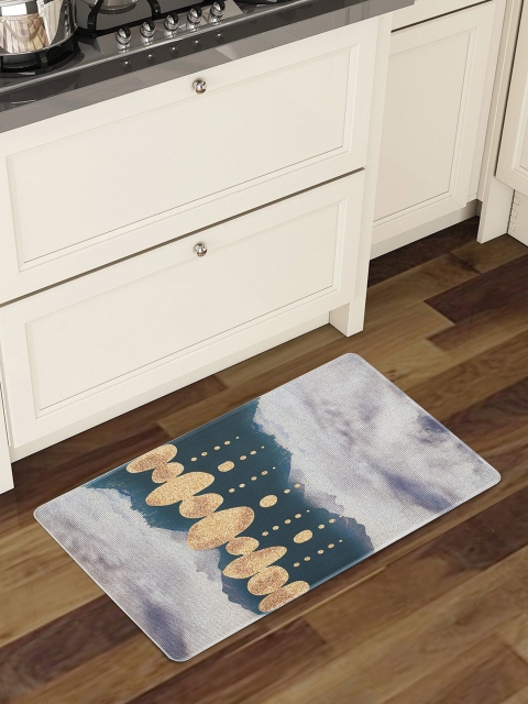 

OBSESSIONS Grey & Teal-Green Abstract Printed Anti-Skid Kitchen Floor Mat