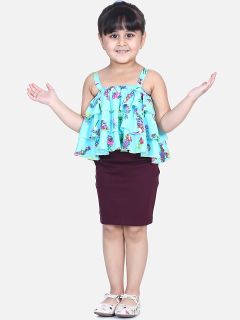 

AWW HUNNIE Girls Blue & Purple Printed Top with Skirt
