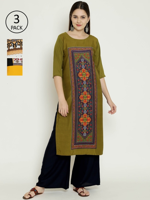 

7Threads Women Pack Of 3 Floral Printed Crepe Kurta, Olive
