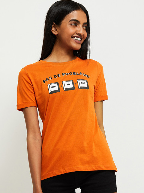 

max Women Orange Printed Round Neck Cotton T-shirt
