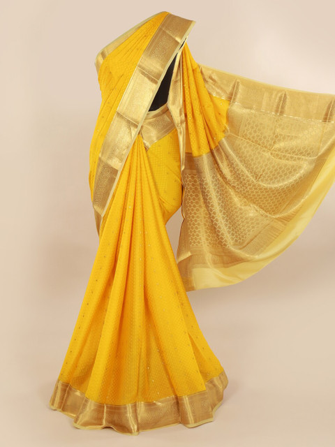 

Pothys Yellow & Gold-Toned Pure Silk Woven Design Mysore Silk Saree with Zari Border