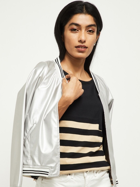 

max Women Black Striped Round Neck Pure Cotton T-shirt