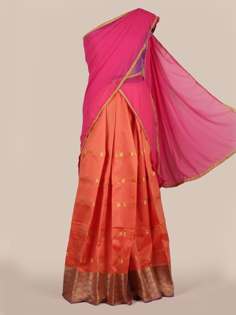 

Pothys Pink & Gold-Toned Poly Chiffon Woven Design Traditional Half Saree