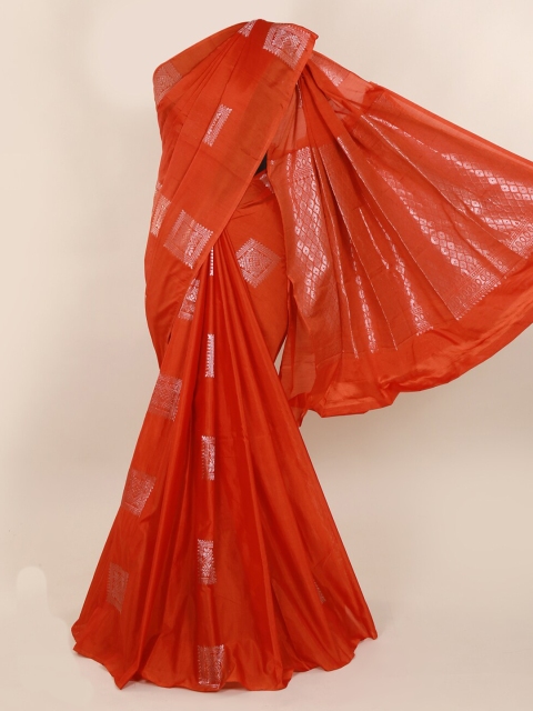

Pothys Orange & Silver-Toned Silk Cotton Woven Design Saree