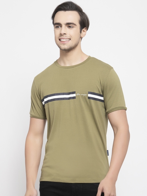 

Allen Cooper Men Olive Green Slim Fit Striped Round Neck T-shirt