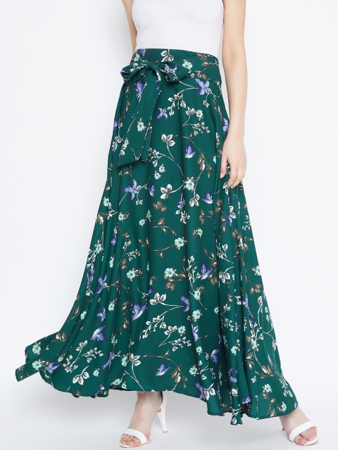 

Berrylush Women Green & White Floral Printed Flared Maxi Skirt