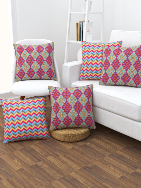 

SHIVANAA HOMES Pink & Blue Set of 5 Geometric Square Cushion Covers