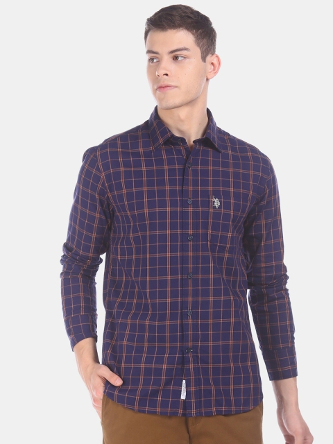 

U.S. Polo Assn. Men Navy Blue & Brown Regular Fit Checked Casual Shirt