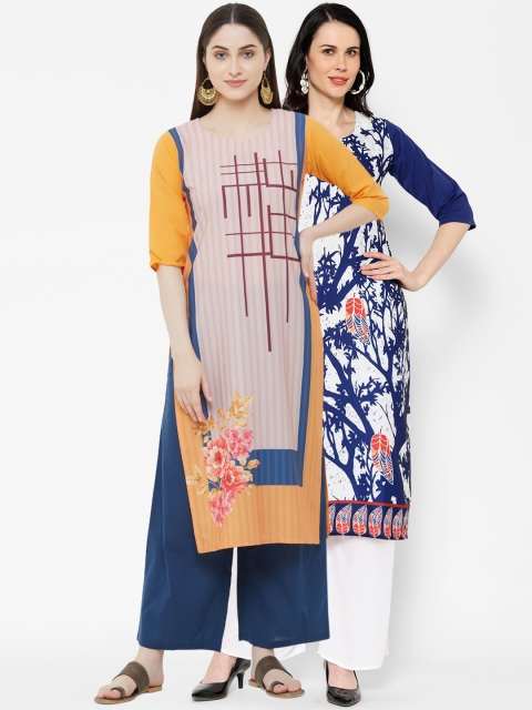

7Threads Women Pack of 2 Beige & Navy Blue Printed Straight Kurtas