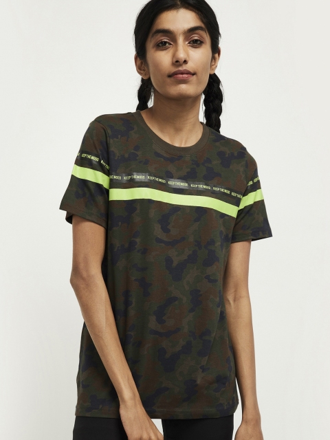

max Women Olive Green Printed Round Neck Cotton Pure Cotton T-shirt