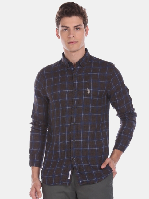 

U.S. Polo Assn. Men Brown & Navy Blue Regular Fit Checked Casual Shirt