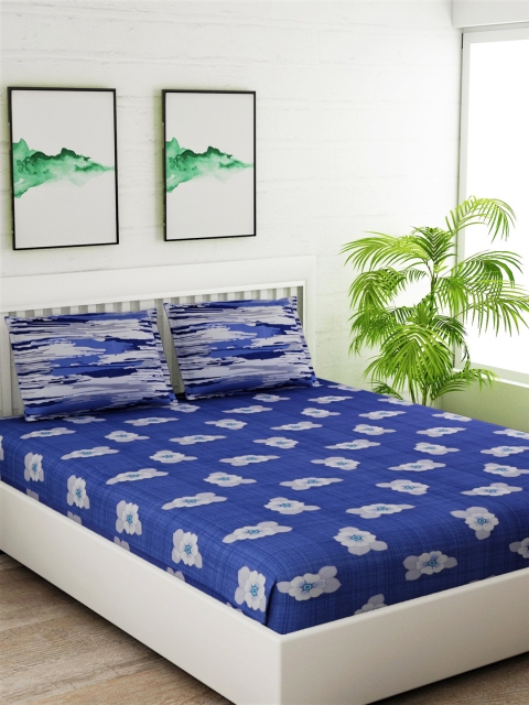 

Salona Bichona Blue & White Floral 144 TC Cotton 1 Queen Bedsheet with 2 Pillow Covers