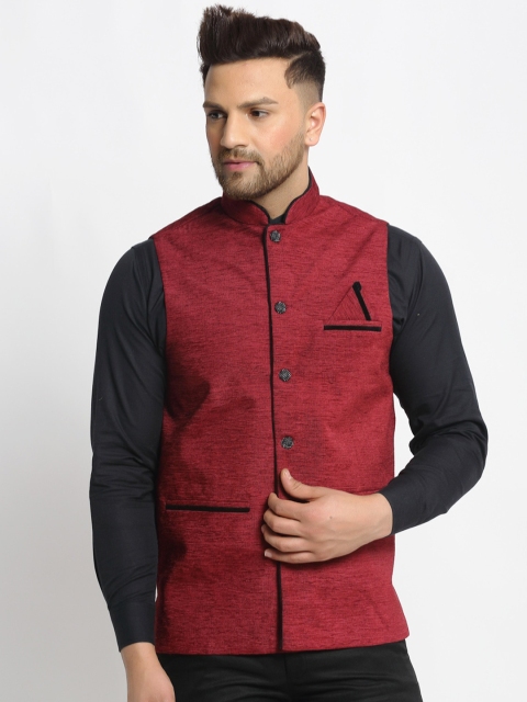 

Jompers Men Maroon Woven-Design Nehru Jacket