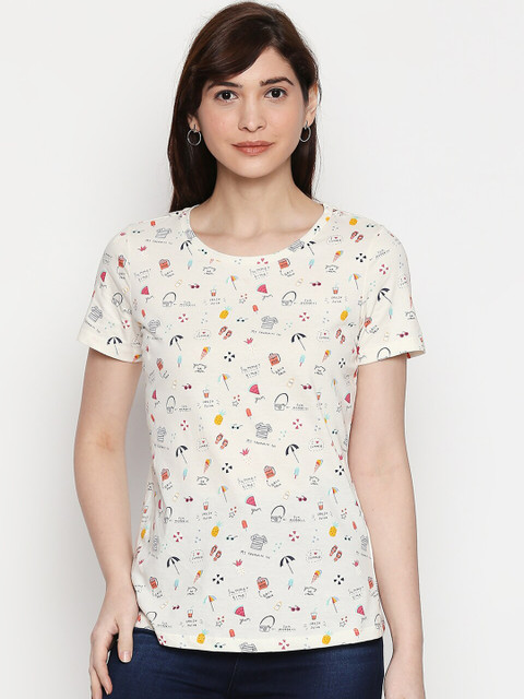 

Honey by Pantaloons Women Off-White Printed Round Neck T-shirt