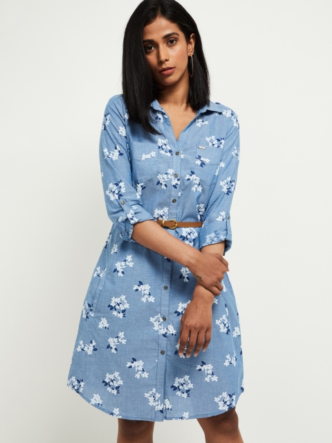 

max Women Blue Floral Printed Shirt Dress