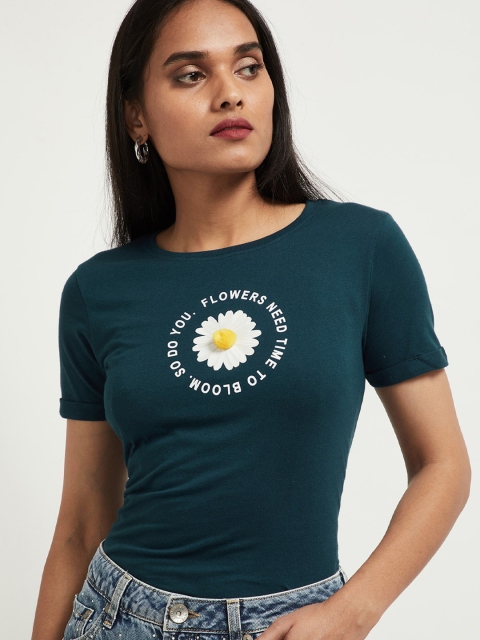 

max Women Green Printed Round Neck T-shirt