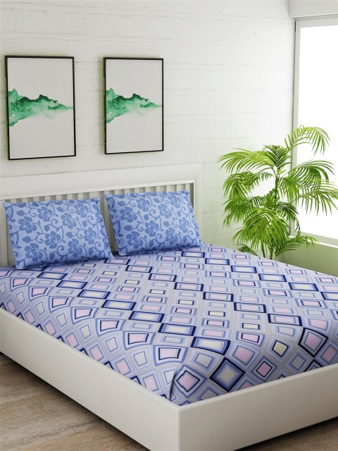 Salona Bichona Blue & White Geometric 144 TC Cotton 1 Queen Bedsheet with 2 Pillow Covers