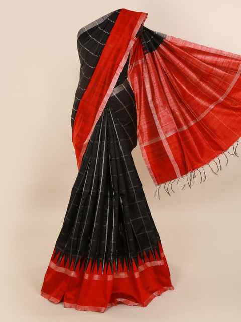 

Pothys Black & Orange Jute Silk Checked Saree