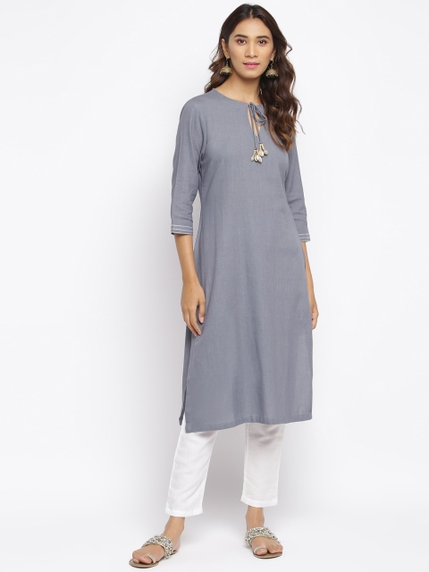 

TJORI Grey Keyhole Neck Thread Work Kurta