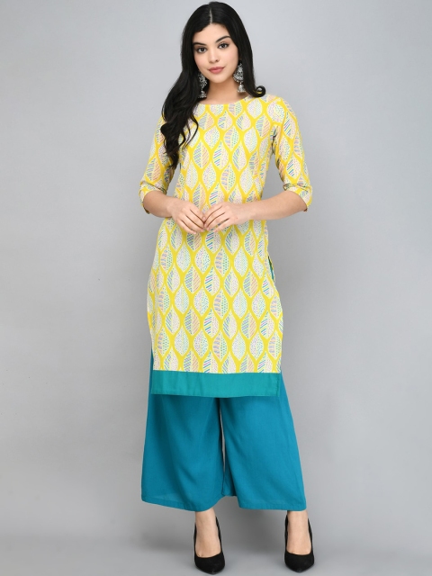 

Myshka Women Yellow & Blue Printed Straight Kurta