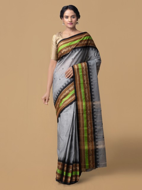 

Unnati Silks Grey Pure Cotton Solid Kanjeevaram Handloom Saree